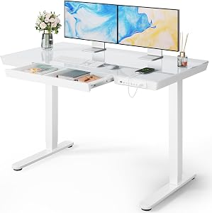 Marsail Glass Standing Desk with Drawer, 48 x 24 inch Electric Standing Desk, Height Adjus