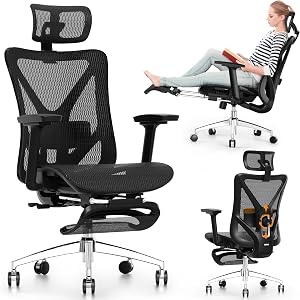 GABRYLLY Ergonomic Office Chair with Footrest, 135° Reclining Desk Chair with Adjustable L